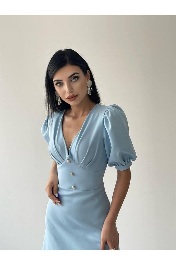 Linda Önü Düğmeli Midi Elbise - Bebe Mavi - 6