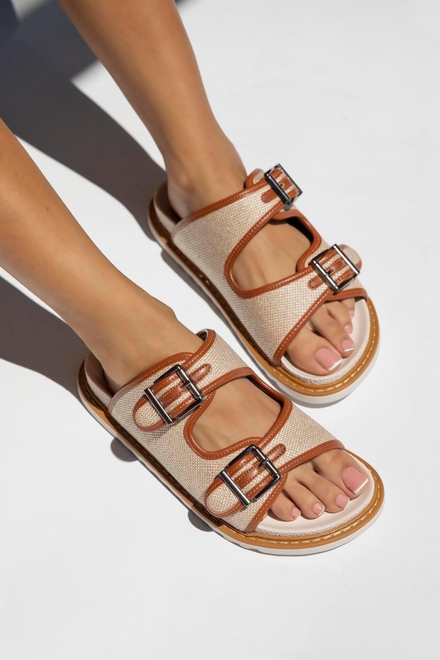 Moss Women's Straw Detail Casual Leather Slippers Tan