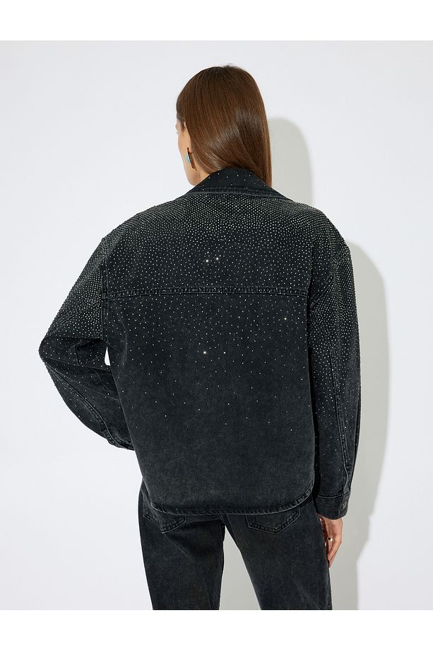 X Zeynep Bastık - Oversize Taşlı Kot Ceket Cep Detaylı Düğmeli Klasik Yaka - 5