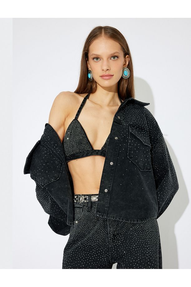 X Zeynep Bastık - Oversize Taşlı Kot Ceket Cep Detaylı Düğmeli Klasik Yaka - 2