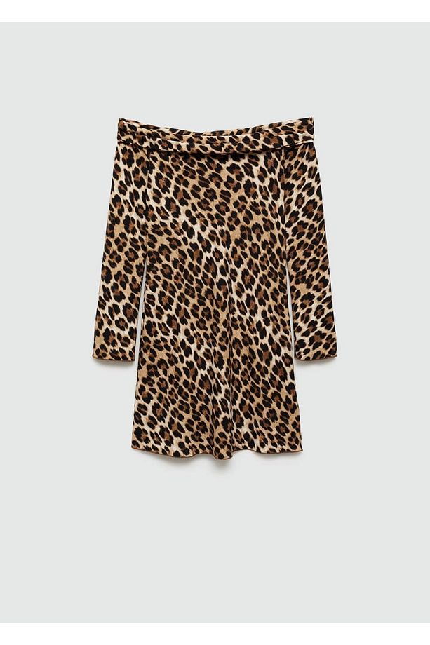 Leopar Desenli Omzu Açık Elbise - 3