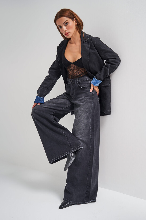 Női sötét füstszínű Hera Palazzo Fit laza szabású farmernadrág - 3