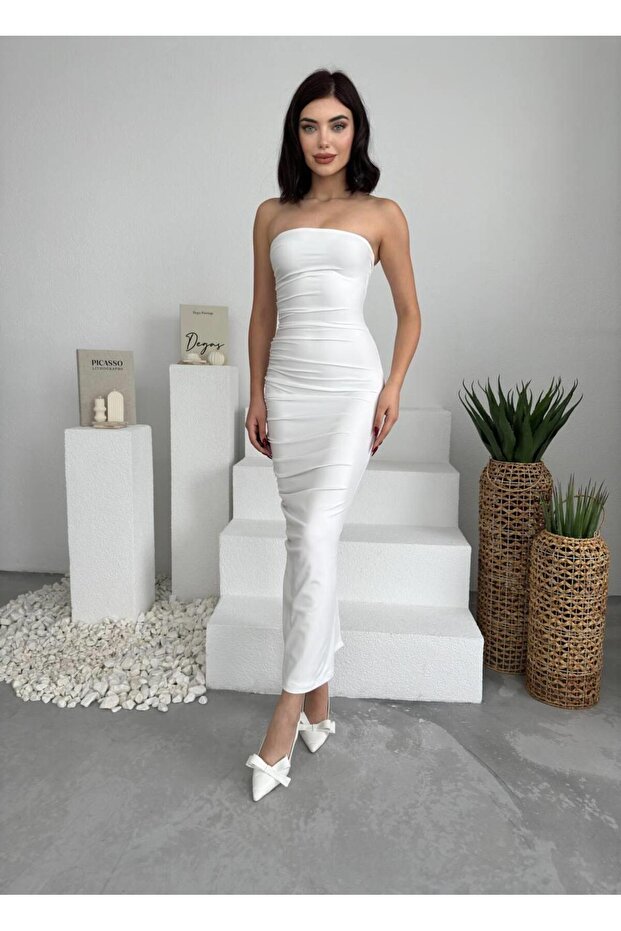 Straplez Uzun Sandy Elbise - 4
