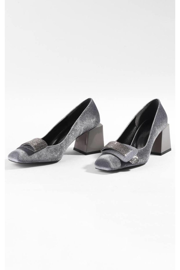 Women's Grey Velvet Classic Heeled Shoes