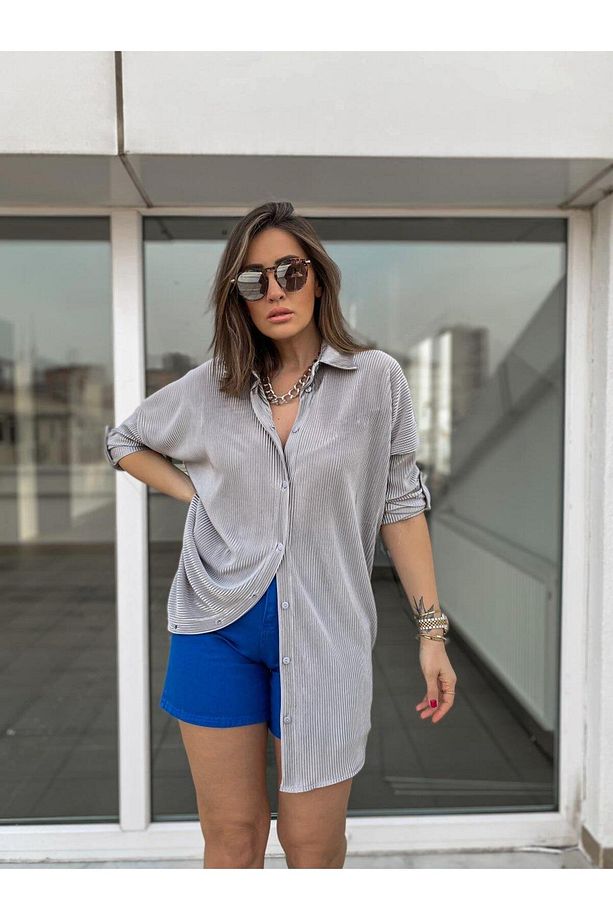 Saks Rengi Yüksek Bel Mom Şort - 4