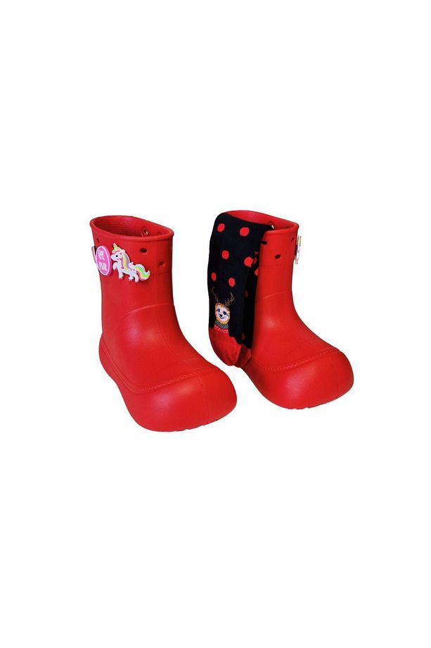 Kırmızı Yağmur Botu + Geyikli+Çorap Set - 4