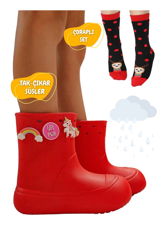 Kırmızı Yağmur Botu + Geyikli+Çorap Set - 1