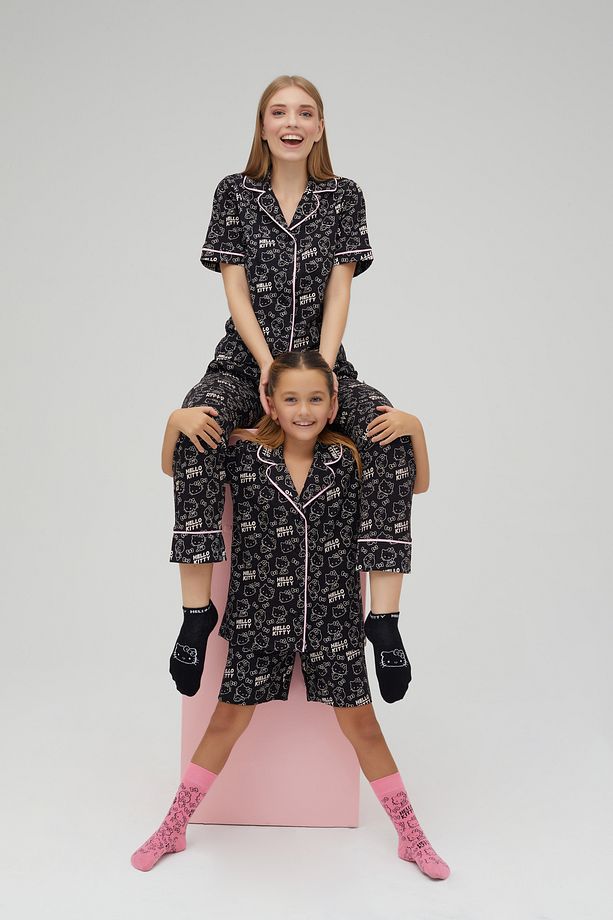 Lisanslı Düğmeli Siyah Kız Çocuk Kısa Kollu Şortlu 100% Pamuklu Pijama Takım Roz-250C - 8