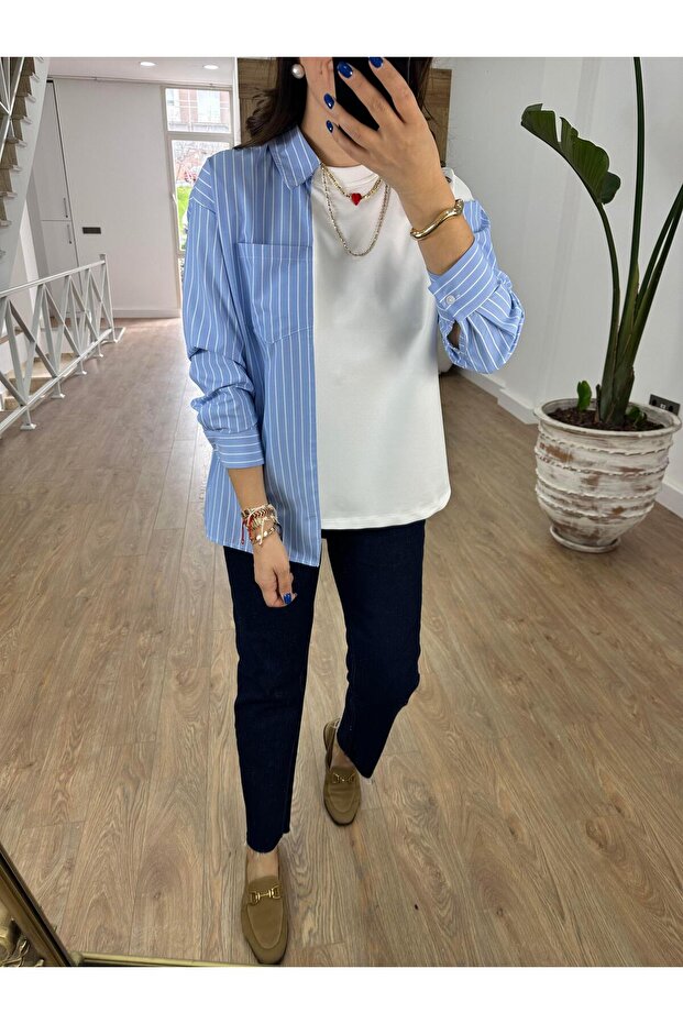 Garnili Poplin Gömlek-Mavi - 5