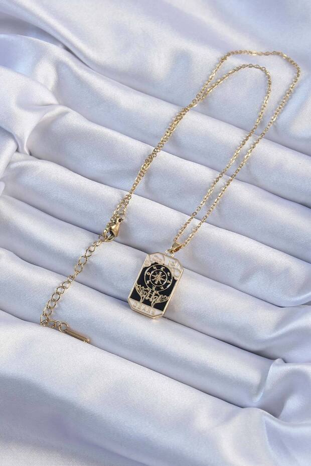 Gold Color Engraved Black Enamel Tarot Pendant (316L Steel)