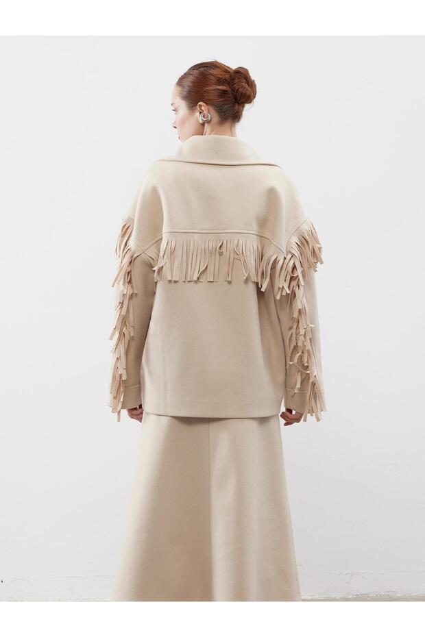 Püsküllü Oversize Bej Kaşe Ceket - 5