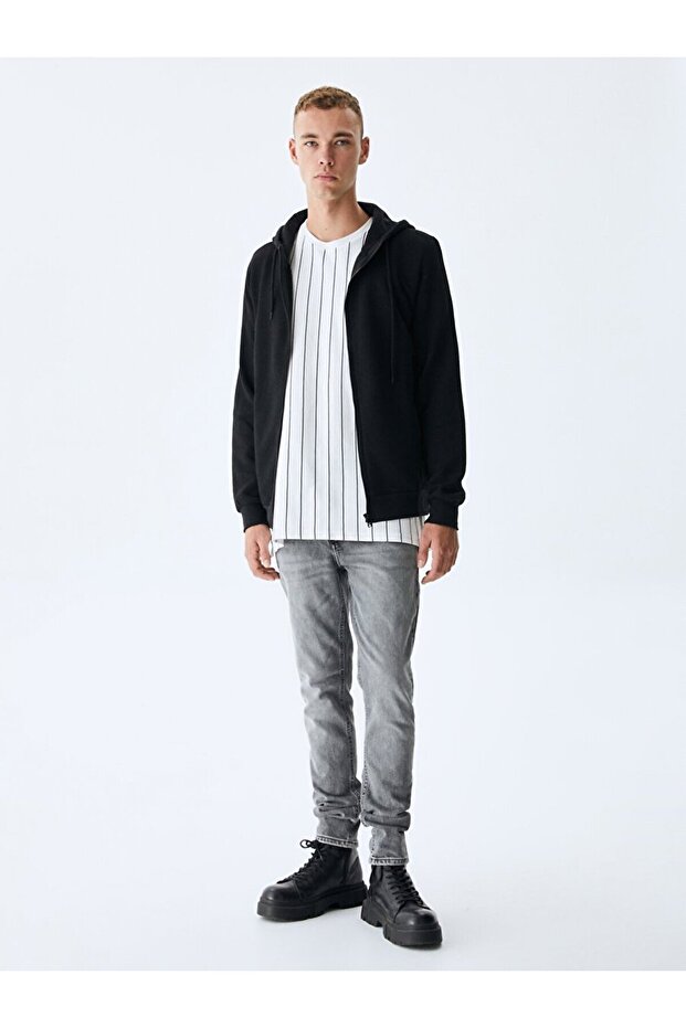 Kapüşonlu Fermuarlı Siyah Sweatshırt - 6