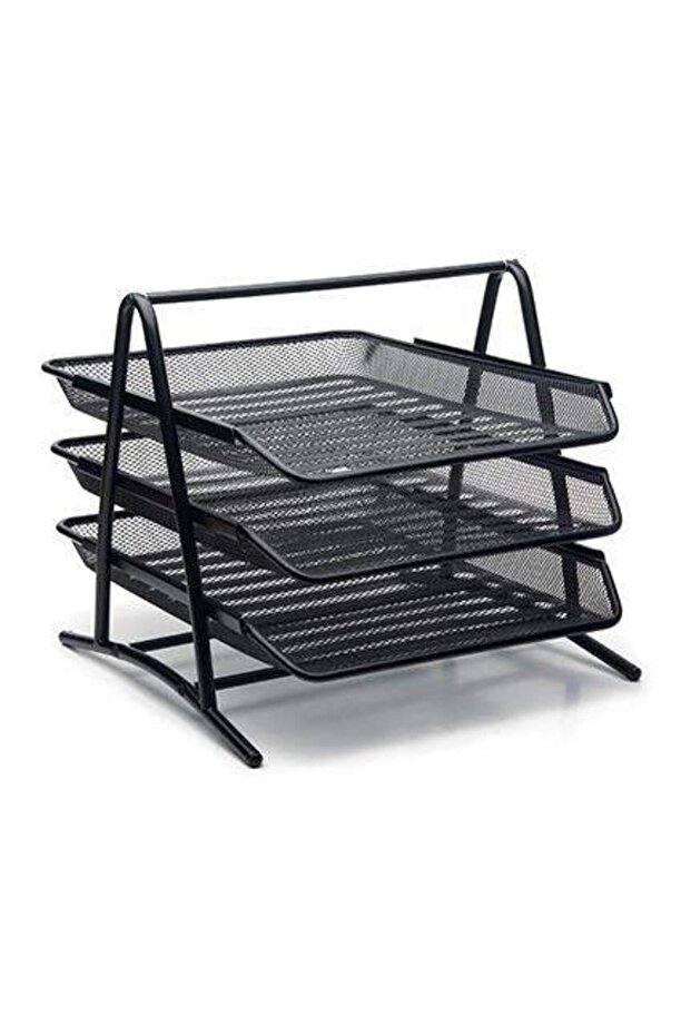 Siyah Perfore Metal 3'Lü Evrak Rafı - 1