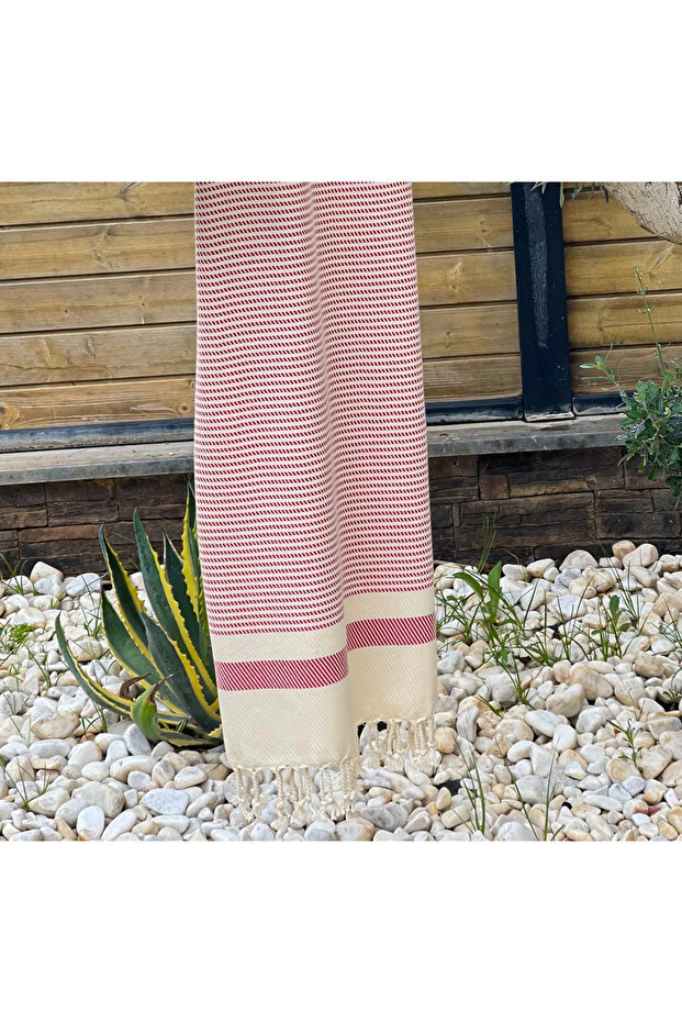 Cross Striped Fringed Peshtemal - Beach Towel 100X180 Cm-Red