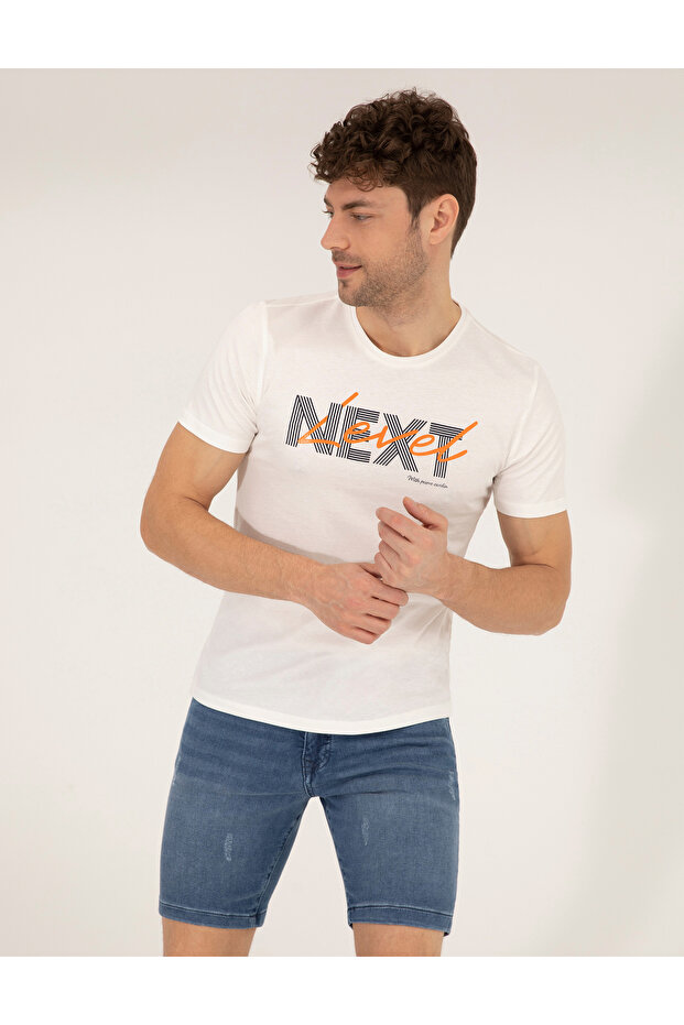 Ecru Slim Fit Printed Crew Neck T-Shirt 50262639 -Vr019