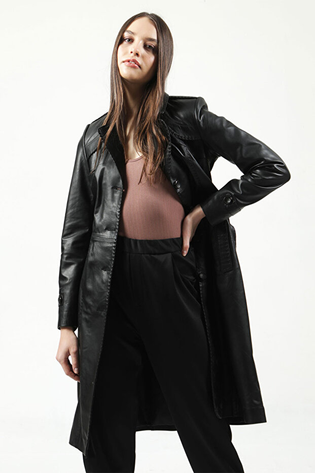 Angela Women's Stitching Detailed Belted Real Leather Trench Coat Black