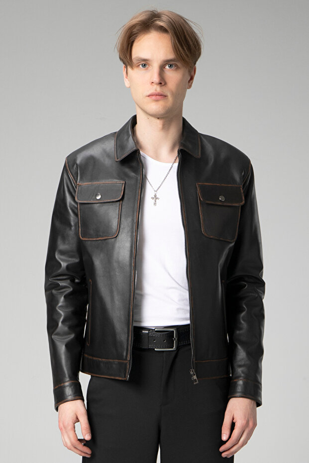 Wm218 Real Leather Men's Coat Black/Tan