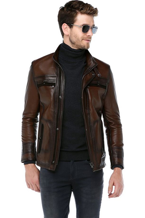 E1081 Gerçek Deri Erkek Mont Camel Antik - 1