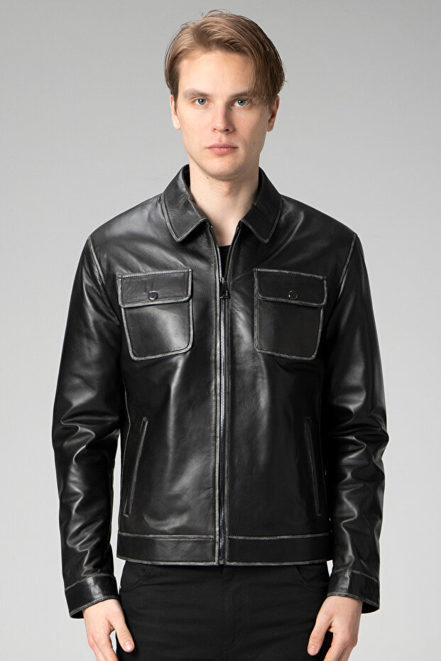 Wm218 Real Leather Men's Coat Black/White