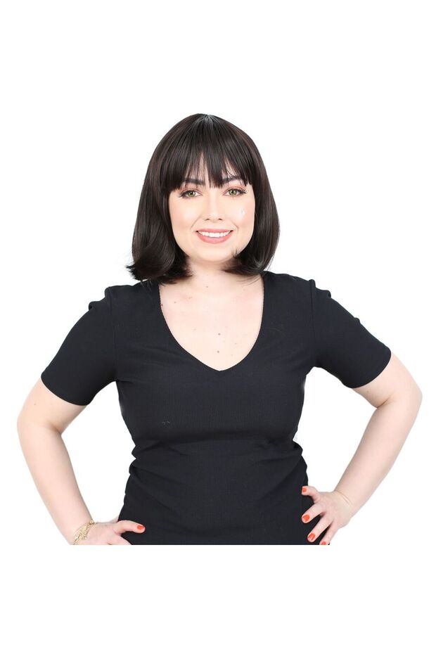 شعر مستعار من الألياف مع غرة مفرودة / بني - 1