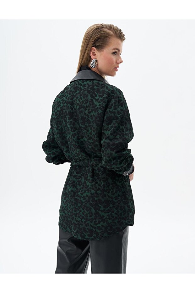 Leopard Patterned Belted Jacket Green - 5