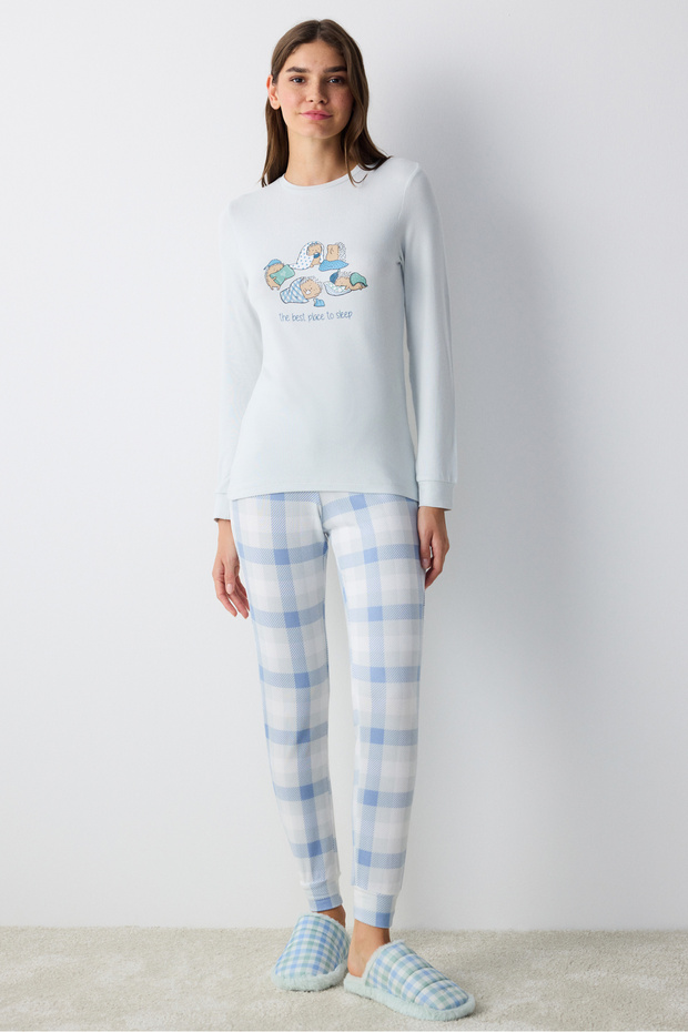 Sleepy Gingham Light Blue Thermal Pajama Bottoms