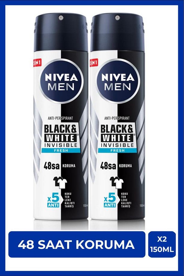 Men Erkek Sprey Deodorant Black&white Invisible Fresh 150ml, 48 Saat Anti-perspirant Koruma, X2 Adet - 1