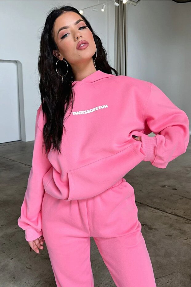 That So Fetch Sweatshirt Eşofman Altı Jogger - Pembe Baskılı Eşofman Takımı Kapüşonlu - 3