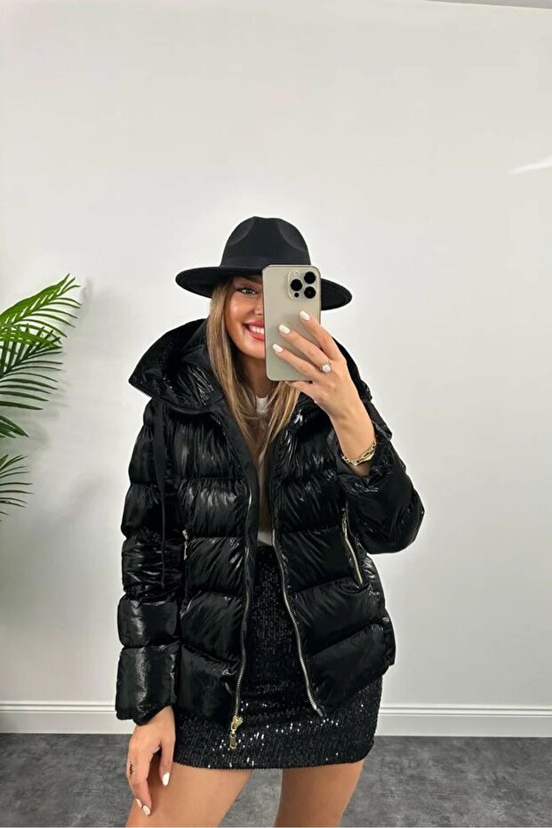 Black Shiny Puffer Puffer Jacket - 1