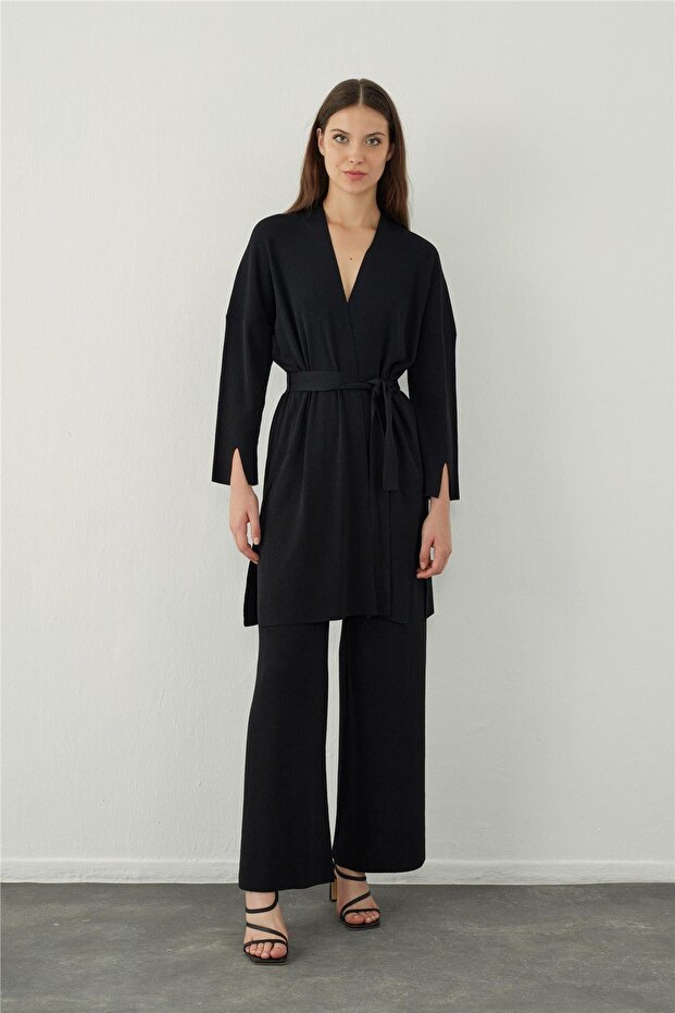 Siyah Boru Paça Basic Triko Pantolon - 1