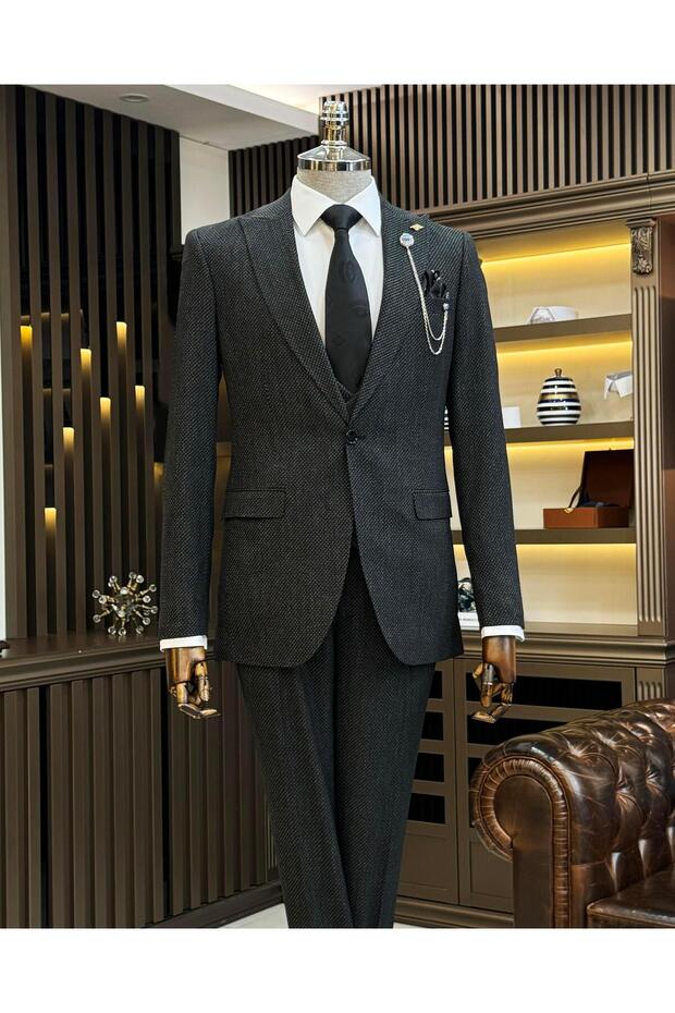 Italian Style Slim Fit Men's Jacket Vest Pants Suit Black T11027