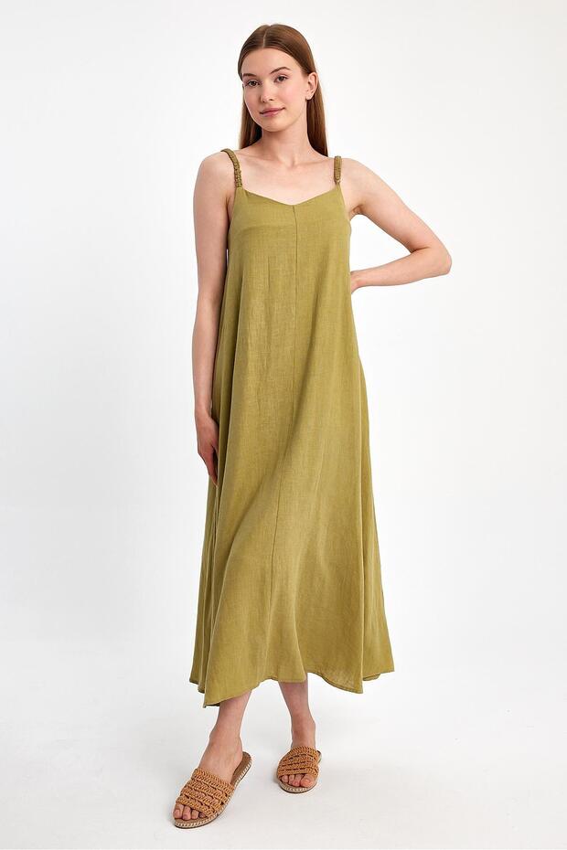 Askılı Keten Elbise - 3