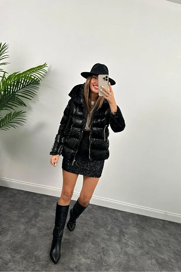 Black Shiny Puffer Puffer Jacket - 3