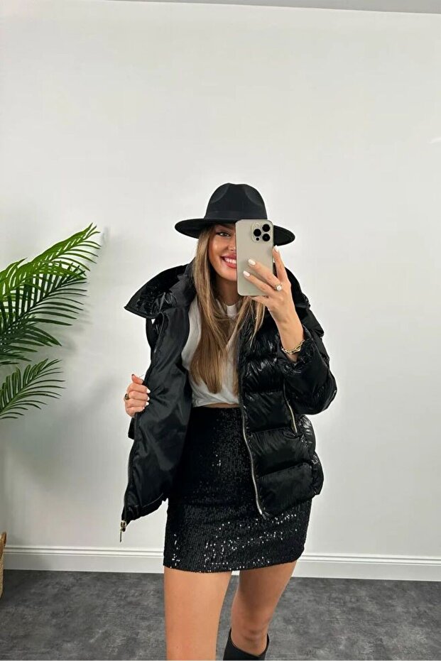 Black Shiny Puffer Puffer Jacket - 2