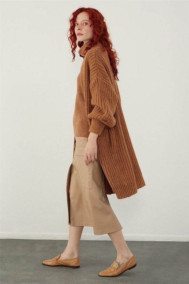 Kahve Oversize Önü Açık Uzun Triko Hırka - 3