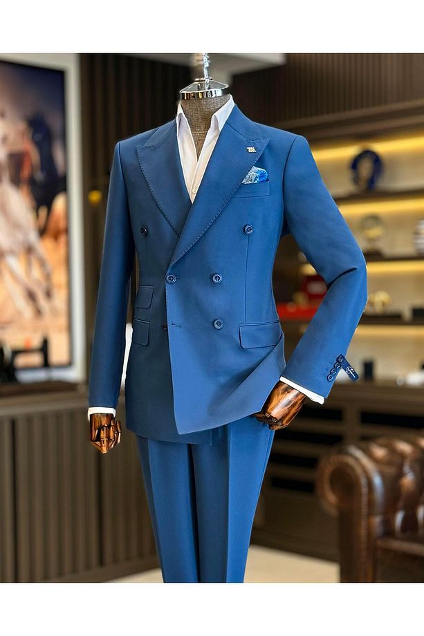 İtalyan stil slim fit kruvaze ceket pantolon takım elbise petrol T12595 - 1