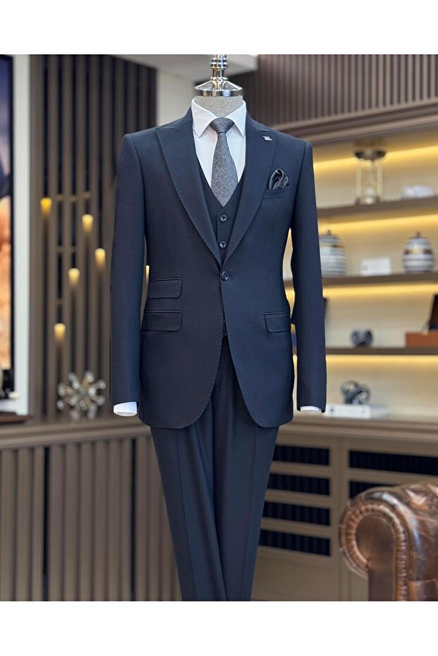 Italian Style Slim Fit Armur Patterned Jacket Vest Pants Suit Navy Blue T11489