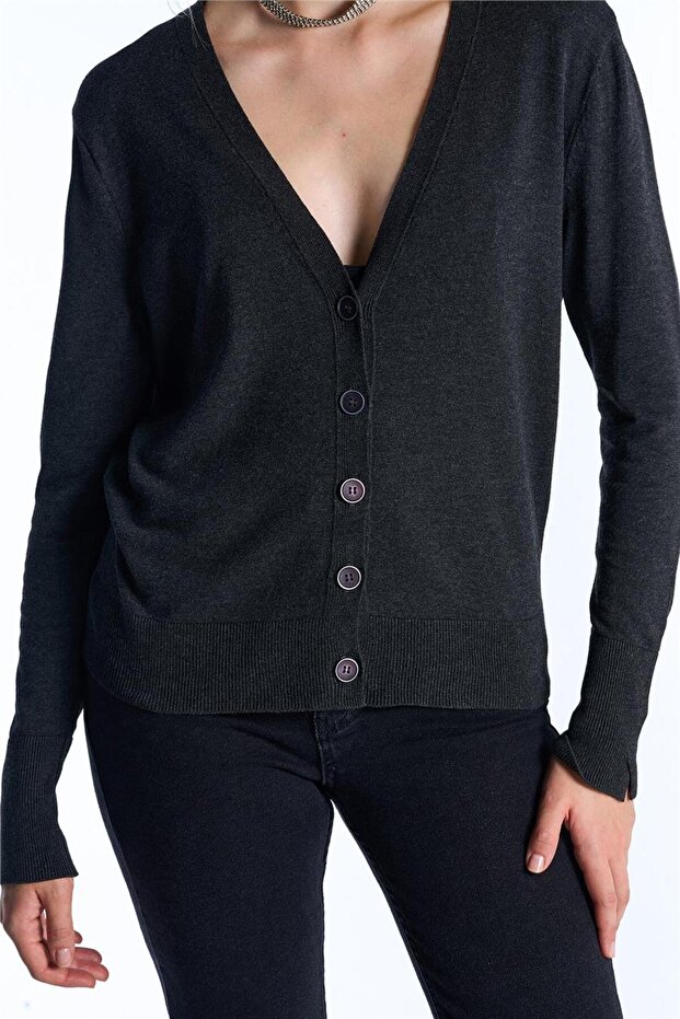 Antrasit Düğmeli Triko Hırka - 4