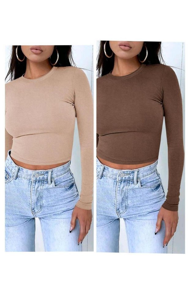 Oz Cotton 2-Piece Women's Black Ribbed Crew Neck Camisole Crop Blouse