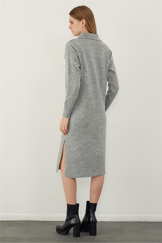 Gri Polo Yaka Basic Midi Triko Elbise - 4