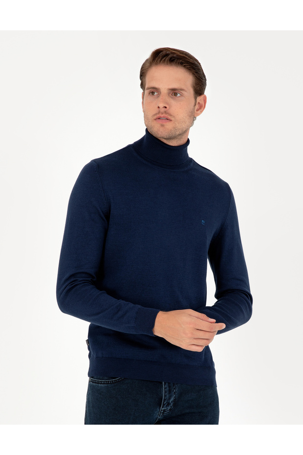 Light Navy Blue Slim Fit Turtleneck Basic Knitwear Sweater 50296602-Vr059