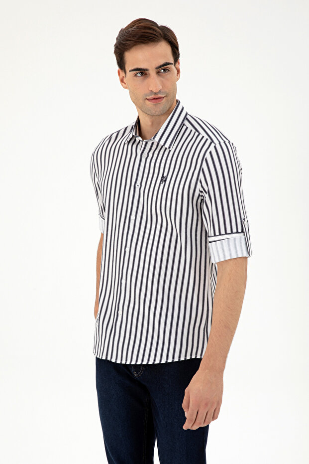 Men's Navy Blue Striped White Shirt 50296599 -Vr033