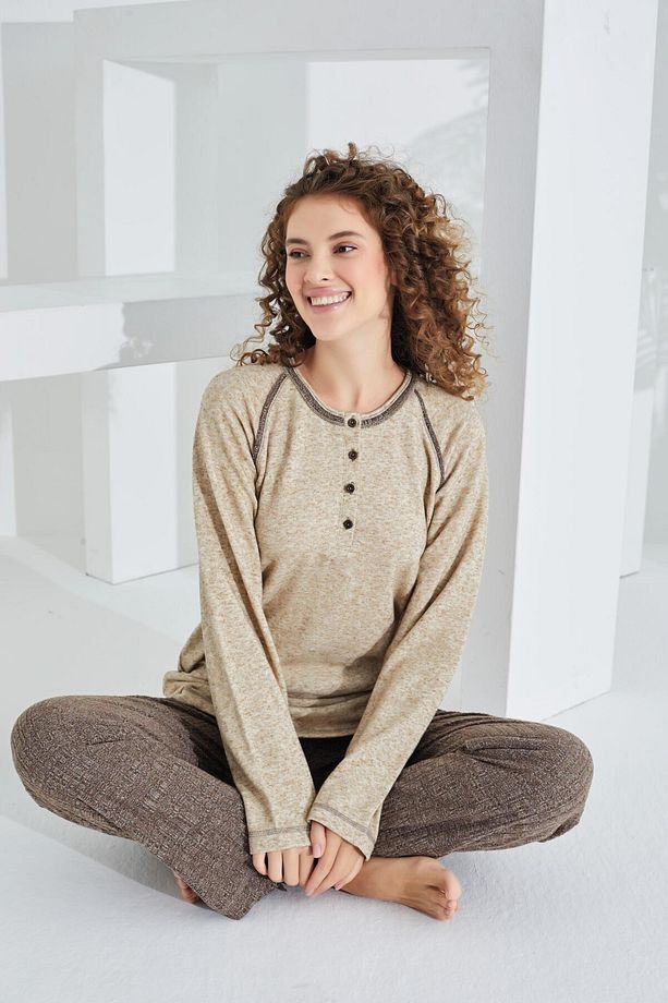 %100 Pamuk Deve Tüyü Kumaş Uzun Kol  Kadın Pijama Takımı 98408 - 2