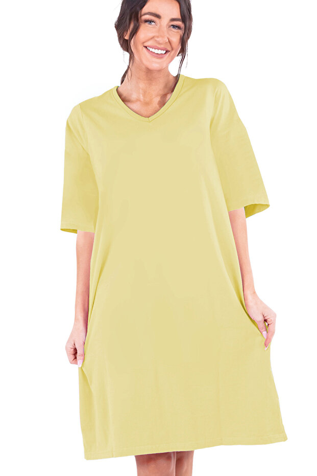 Plain Light Yellow V Neck Half Sleeve Knee Length Comfortable Home Dress Nightgown