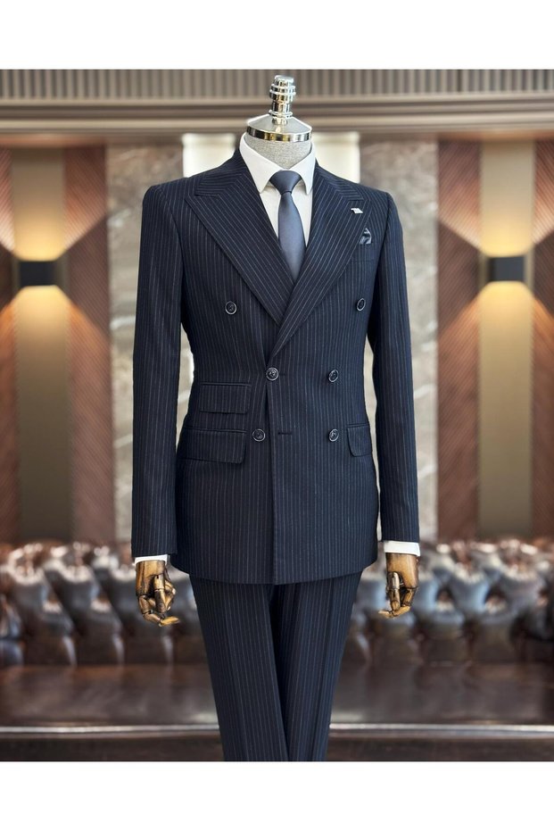 Italian Style Double-Breasted Jacket Trousers Suit Navy Blue T11914