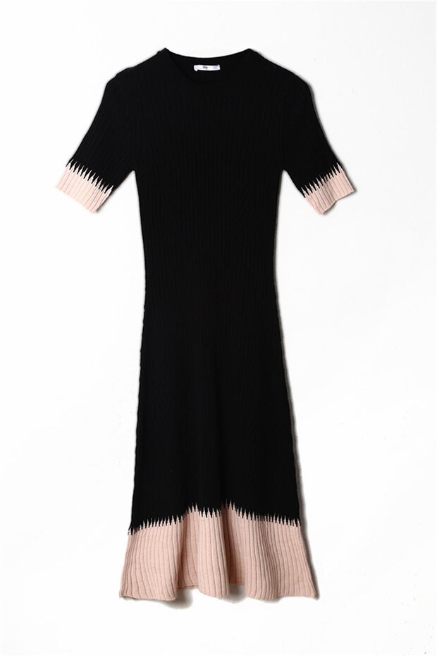 Black Pink Midi Length Corduroy Knitwear Dress