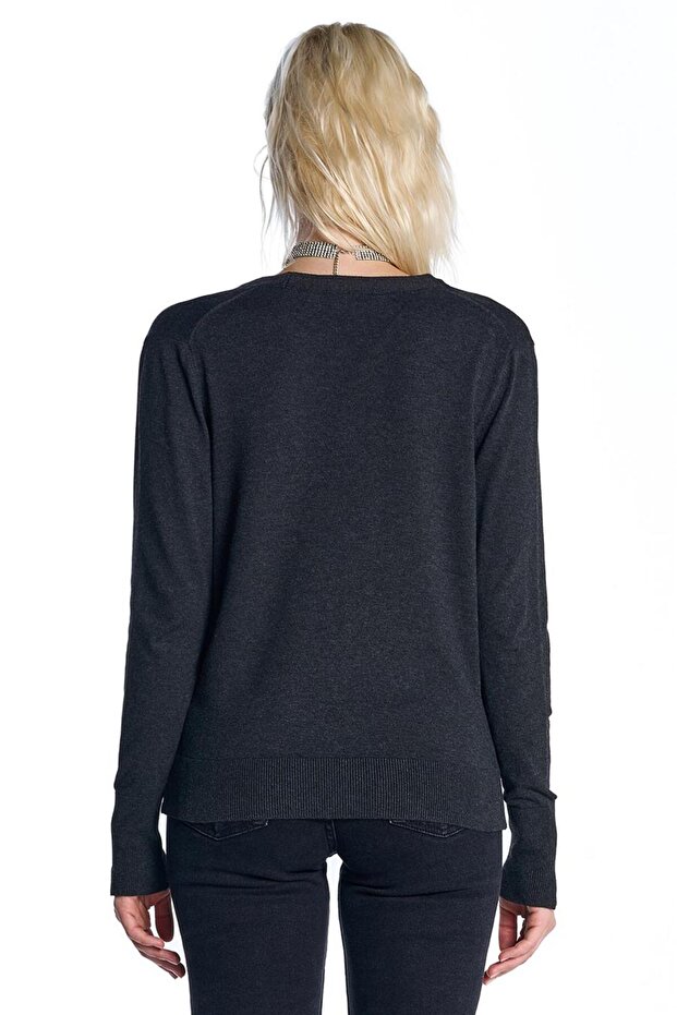 Antrasit Düğmeli Triko Hırka - 5