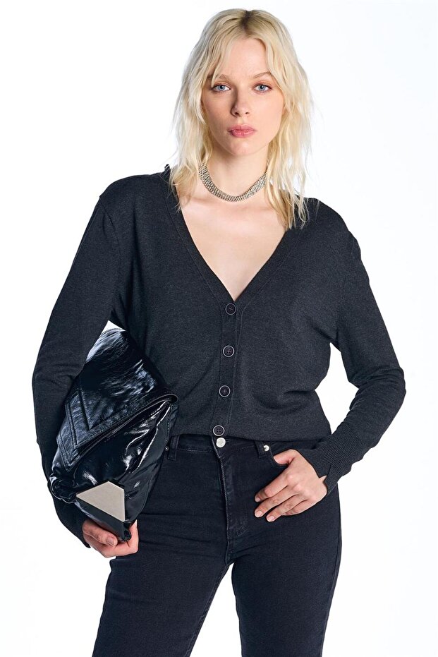 Antrasit Düğmeli Triko Hırka - 2