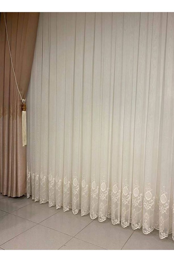 Nivemeshome Ren Nakışlı Krem 1/3 Sık Pile Tül Perde Apm - 1