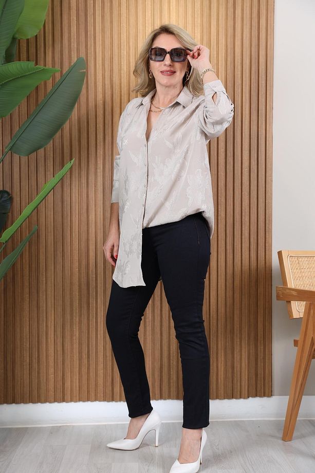 Çiçek Baskı Oversize Bej Gömlek - 4